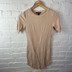 Forever 21 Womens Short Sleeve Bodycon Mini Dress Round Hem Crew Neck Tan Size M